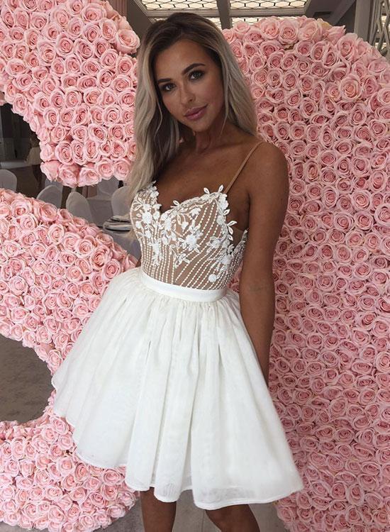 Sexy White Chiffon Spaghetti-Straps Appliques Mini Homecoming Dress
