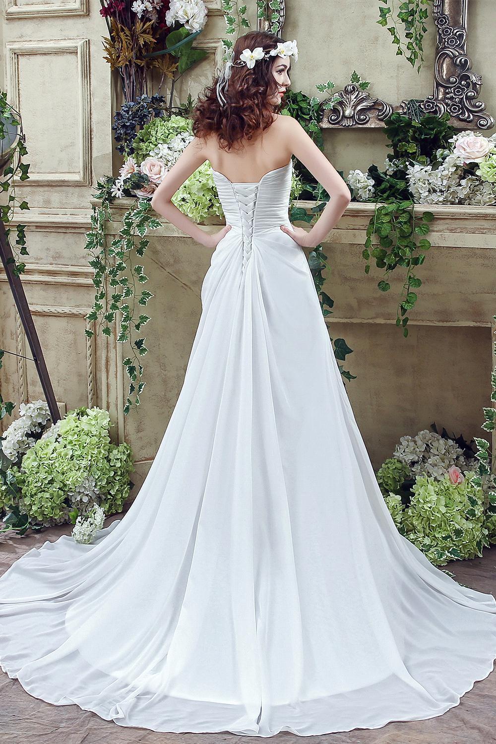 Strapless White Beadss Wedding Dress A-line Sweep Train