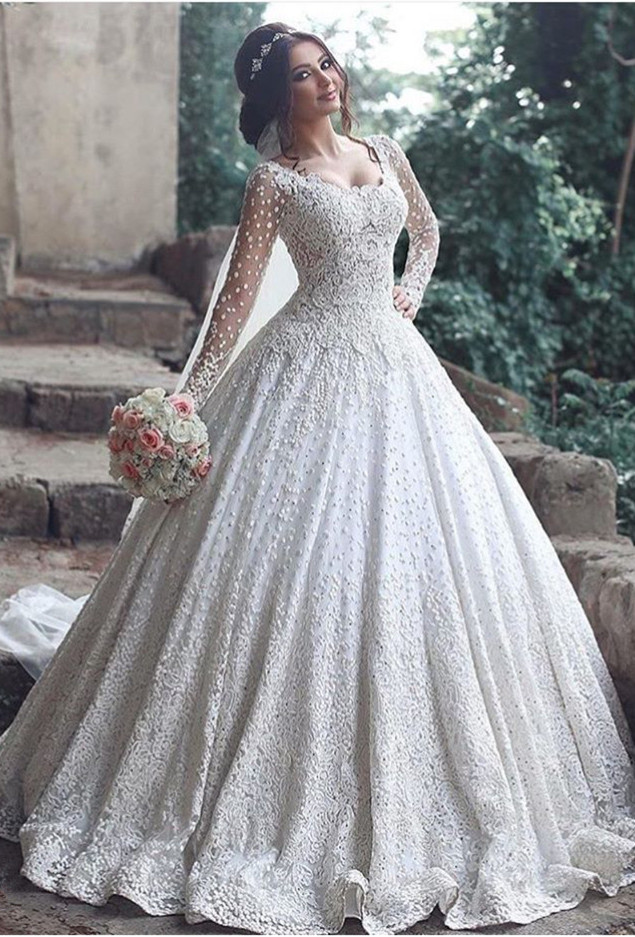 Pretty Long Sleeve Lace Wedding Dress Ball Gown Floor Length BA3046