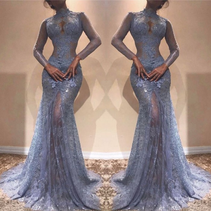 Luxury High-Neck Lace Evening Dress UK | Mermaid Long Sleeve Prom Dress UK