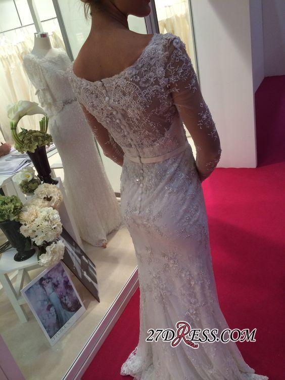 Lace Buttons Sexy Mermaid Appliques Crystal Long-Sleeves Elegant Wedding Dress