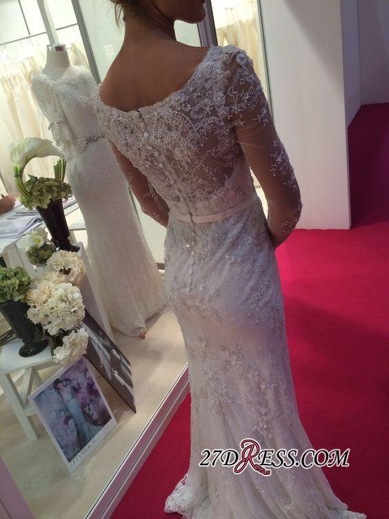 Lace Buttons Sexy Mermaid Appliques Crystal Long-Sleeves Elegant Wedding Dress