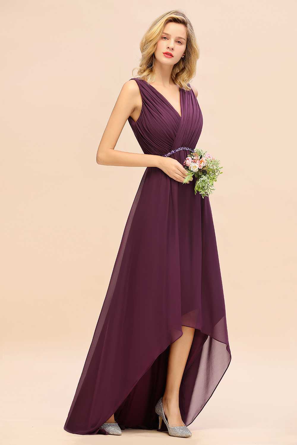 Elegant Grape Hi-Lo Chiffon Bridesmaid Dress with Beadings Sash