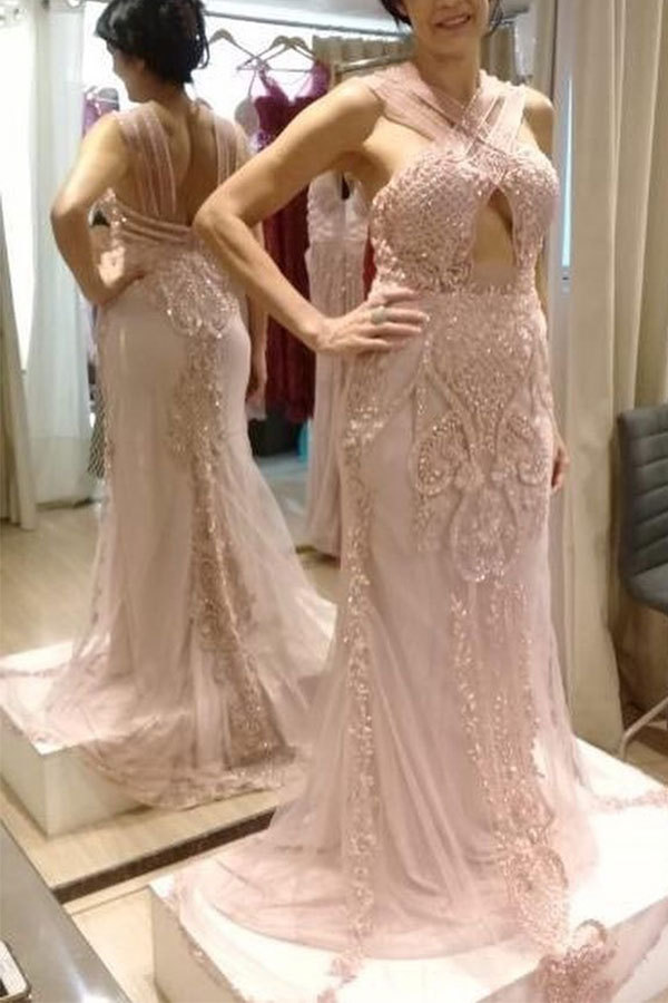 Gorgeous Cross Straps Beading Tulle Floor Length Mermaid Prom Gowns