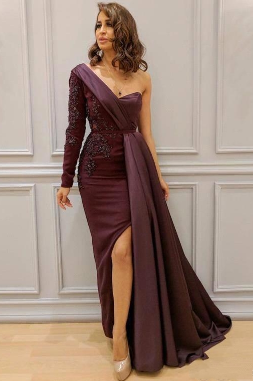 One-shoulder One-sleeve Appliqued Sheath Slit Evening Dresses-27Dress.co.uk