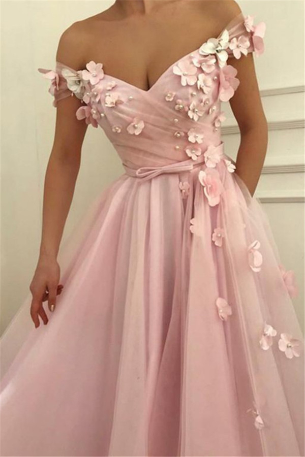 Pink Flower Off-the-Shoulder Prom Dress UKes UK Sleeveless Beads Elegant Evening Dress UKes UK with Sash