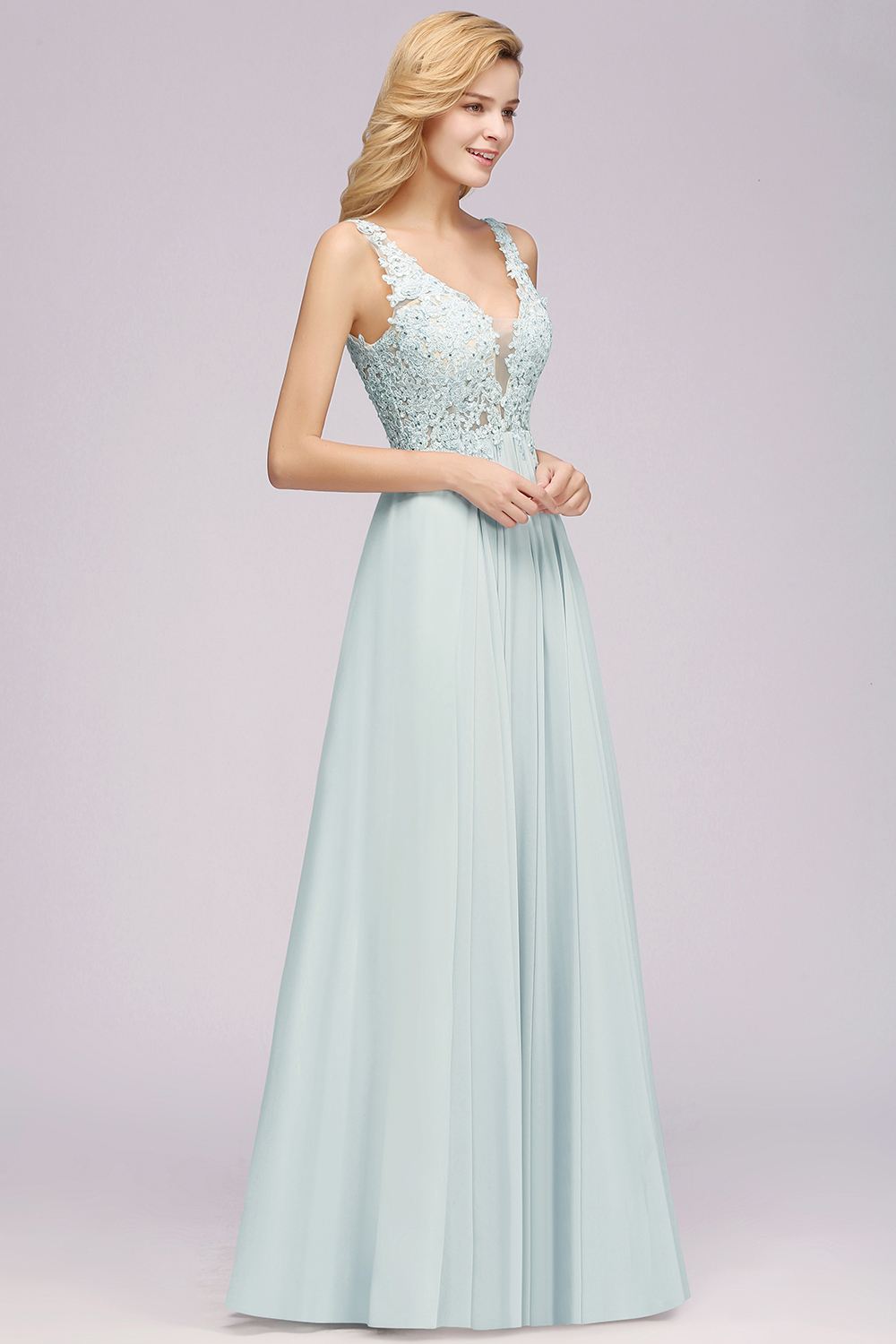 Elegant Lace V-Neck Chiffon?Beadings Long Bridesmaid Dress