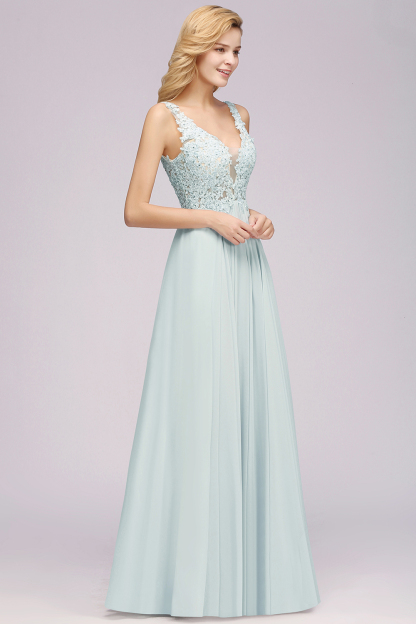 Elegant Lace V-Neck Chiffon?Beadings Long Bridesmaid Dress