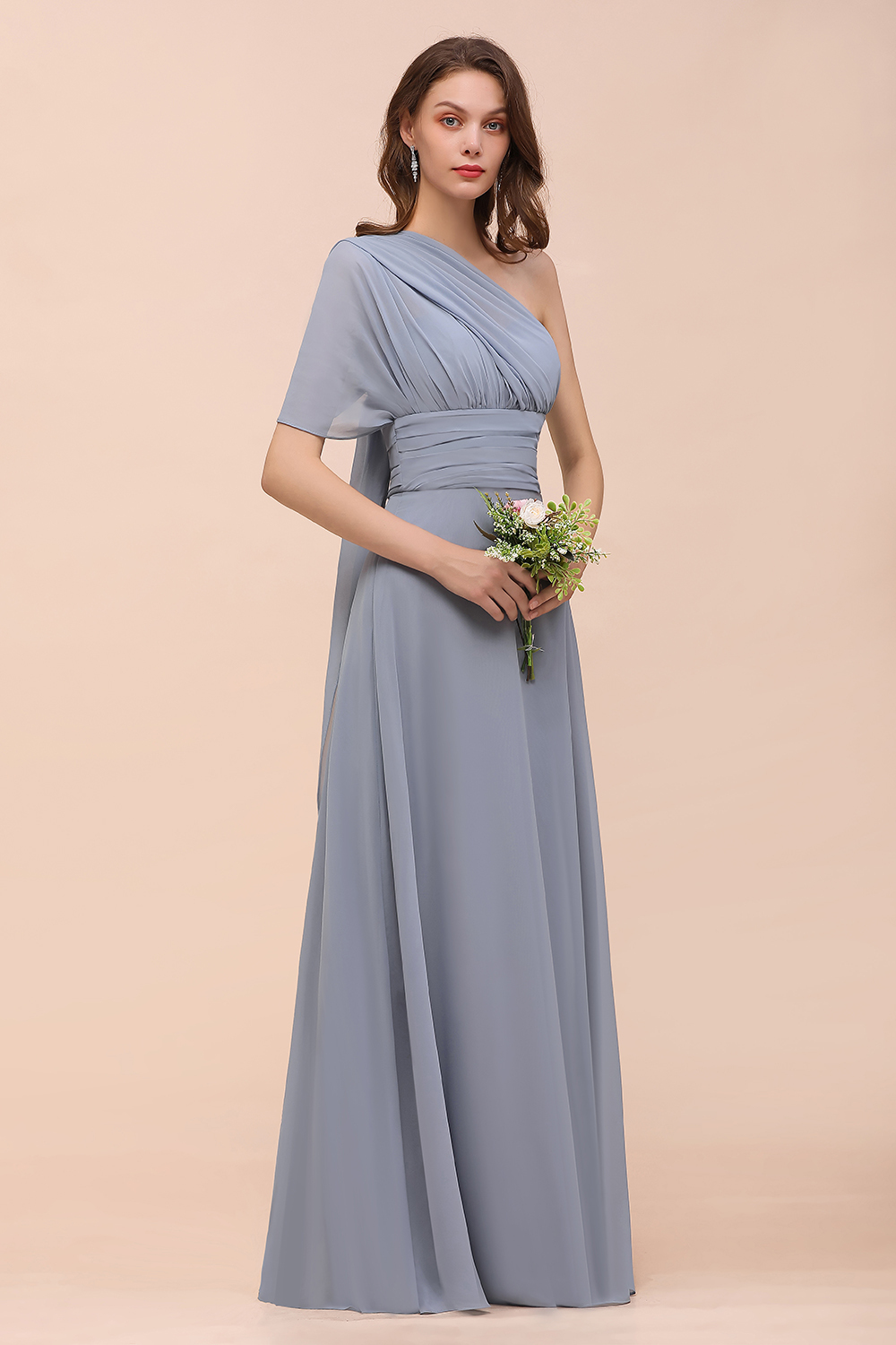 Elegant Dusty Blue Chiffon Long Bridesmaid Dress