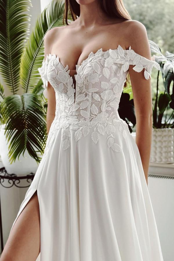 Off-the-Shoulder White Floral A-line Wedding Dresses Front Slit