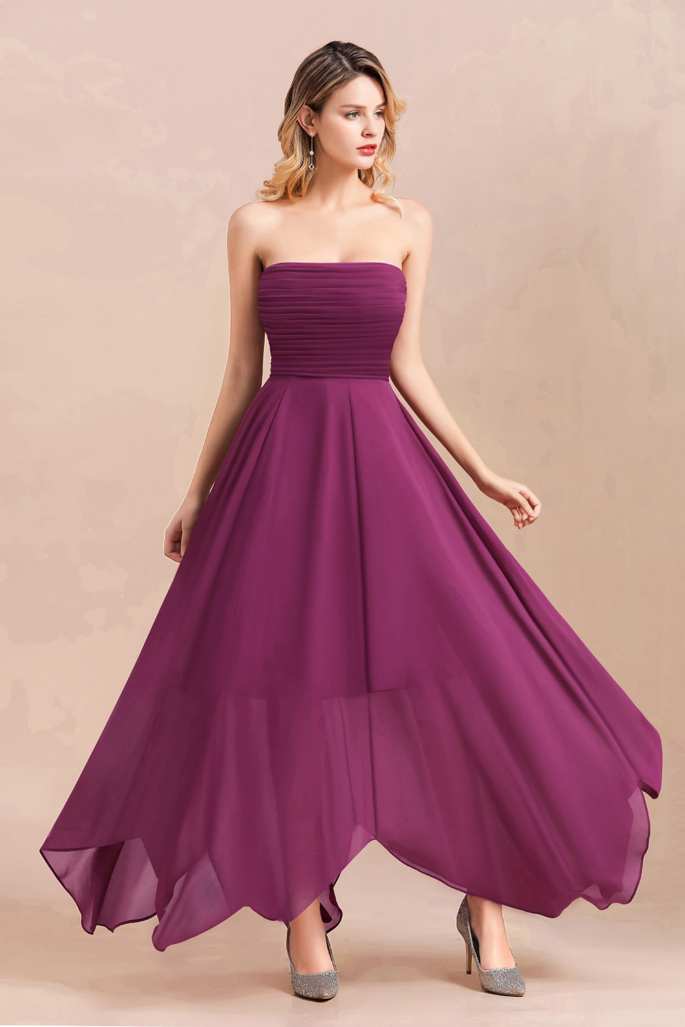 Strapless Orchid Ruched Chiffon Bridesmaid Dress Backless Ankle Length Wedding Party Dress