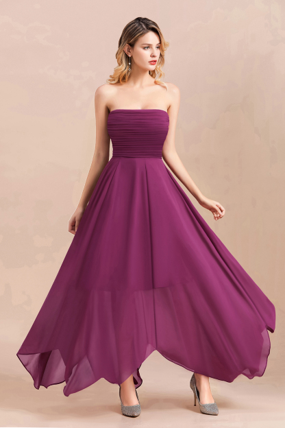 Strapless Orchid Ruched Chiffon Bridesmaid Dress Backless Ankle Length Wedding Party Dress