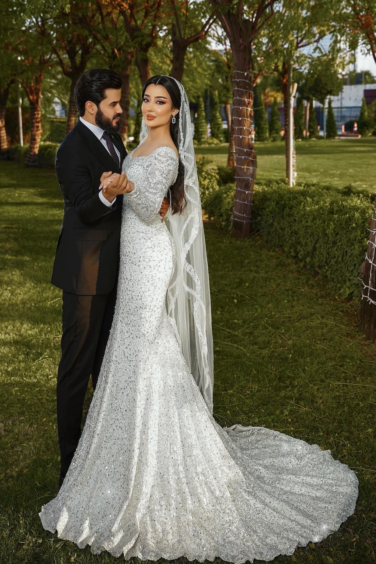 Unique Square Neckline Long Sleeve Sequins Mermaid Wedding Dresses