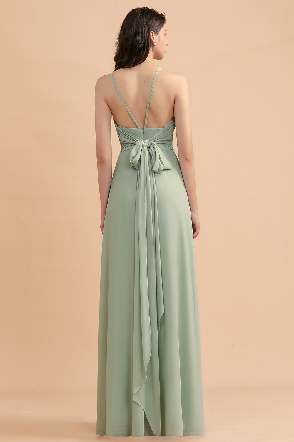Chic Halter Chiffon Dusty Sage Bridesmaid Dress with Front Slit