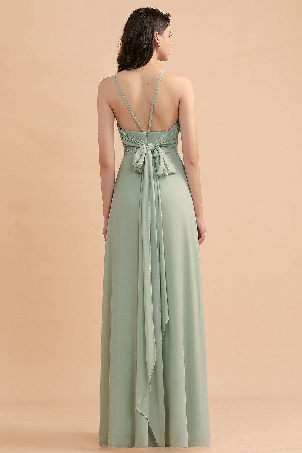 Chic Halter Chiffon Dusty Sage Bridesmaid Dress with Front Slit