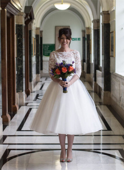 Zipper Fashion Designer Lace Tea-Length Tulle Wedding Dress-27Dress.co.uk
