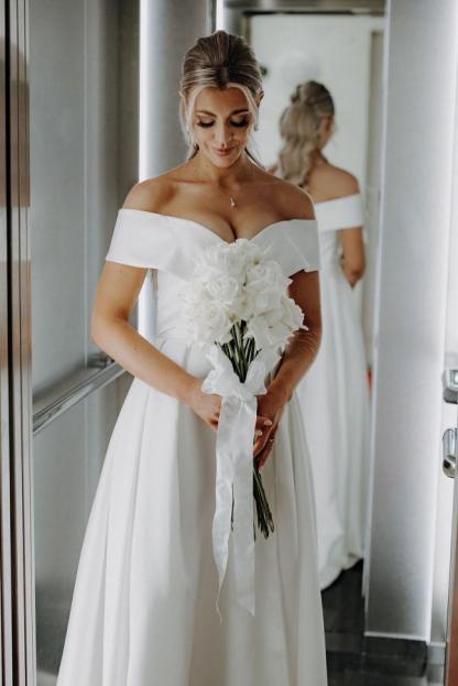 Sweetheart Off-Shoulder Side Slit Ruched Satin Bridal Gowns