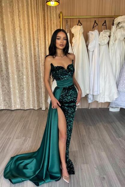 Lurex High-Split Column Ruched Satin Floor-Length Prom Dress