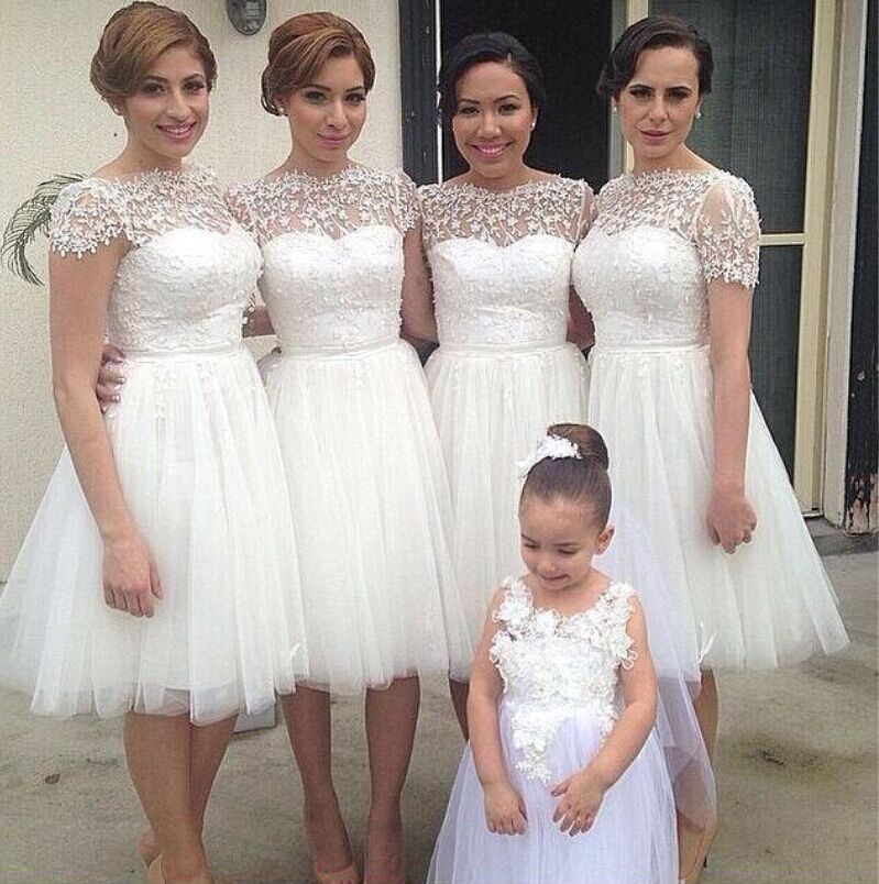 Romantic White Tulle Lace Bridesmaid Dress UK Short Sleeve