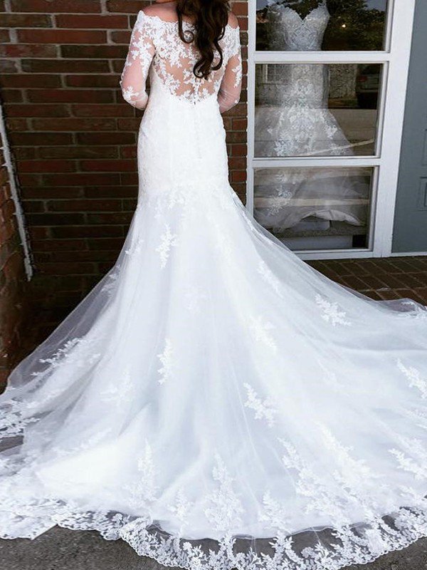 Applique Cathedral Train Sexy Mermaid Tulle Long Sleeves Off-the-Shoulder Wedding Dresses UK