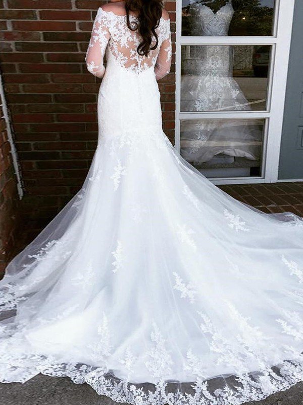 Applique Cathedral Train Sexy Mermaid Tulle Long Sleeves Off-the-Shoulder Wedding Dresses UK
