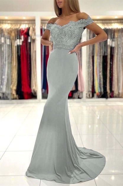 Mermaid Off the Shoulder Sleeveless Prom Dress Long With Lace Appliques
