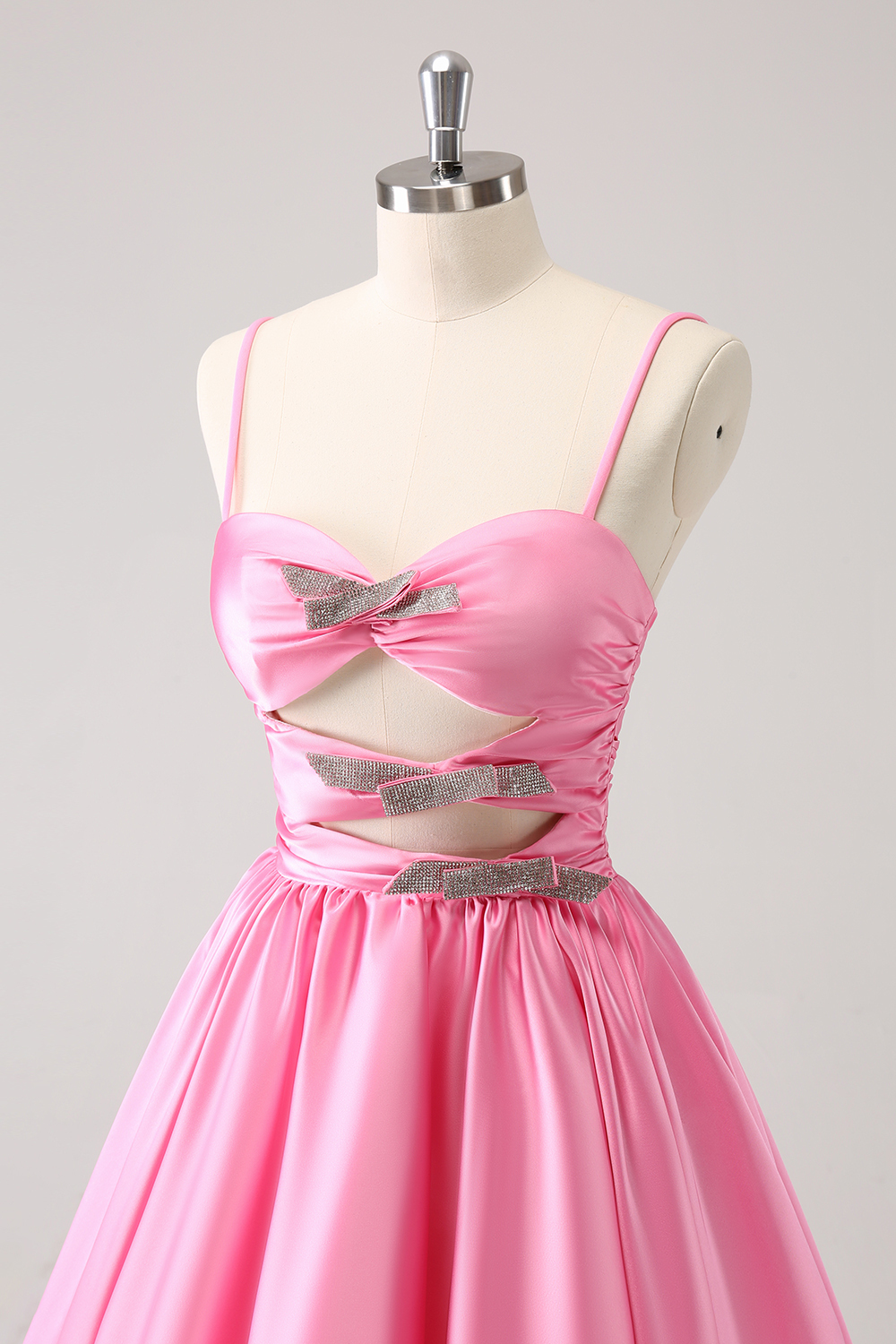 A Line Pink Spaghetti Straps Tiered Short Homecoming Dress with Bow