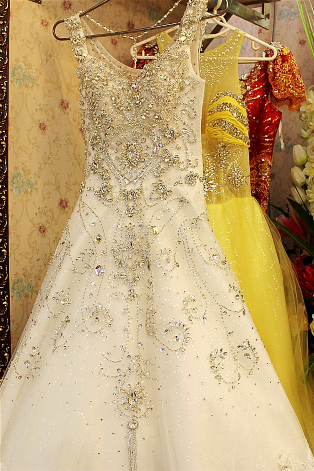 crystal beads for wedding dress Gorgeous Crystal Lace Off-the-Shoulder V-neck Beading Wedding Dresses with Detachable Overskirt