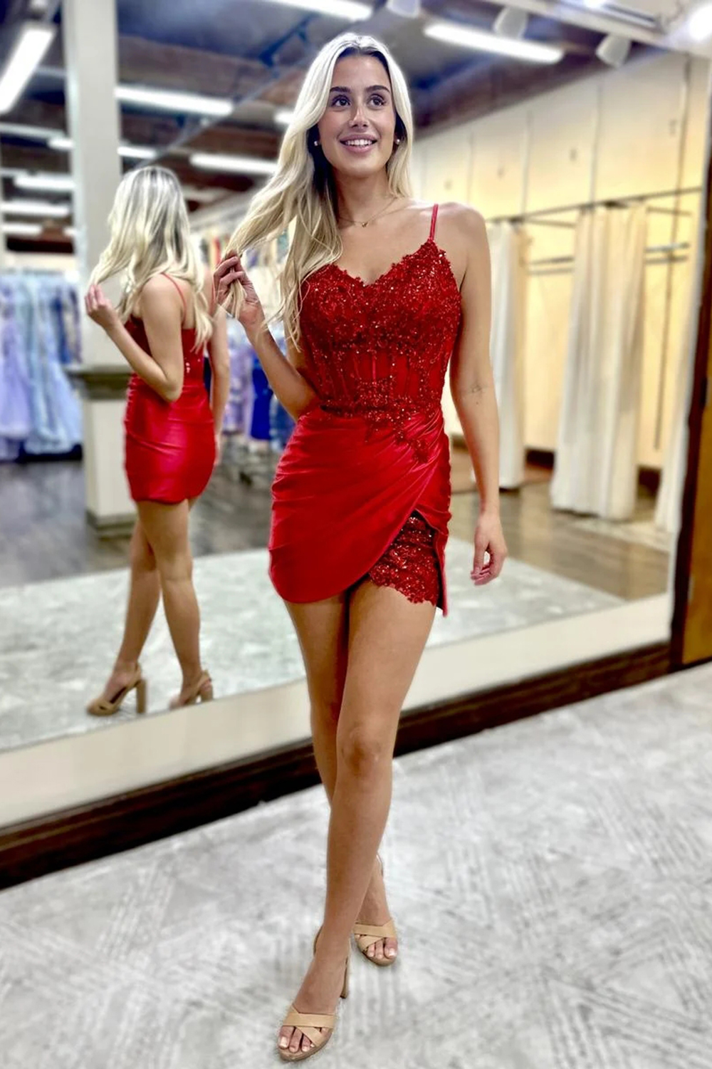 red corset homecoming dresses Luuvis Women Red Corset Homecoming Dress Sparkly Sheath Strapless Cocktail  Dress with Beading main image 1