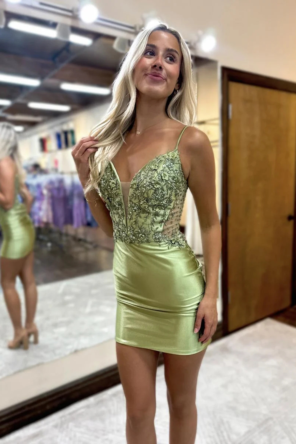 Sparkly Sage Tight Short Homecoming Dress with Lace  27Dress.co.uk