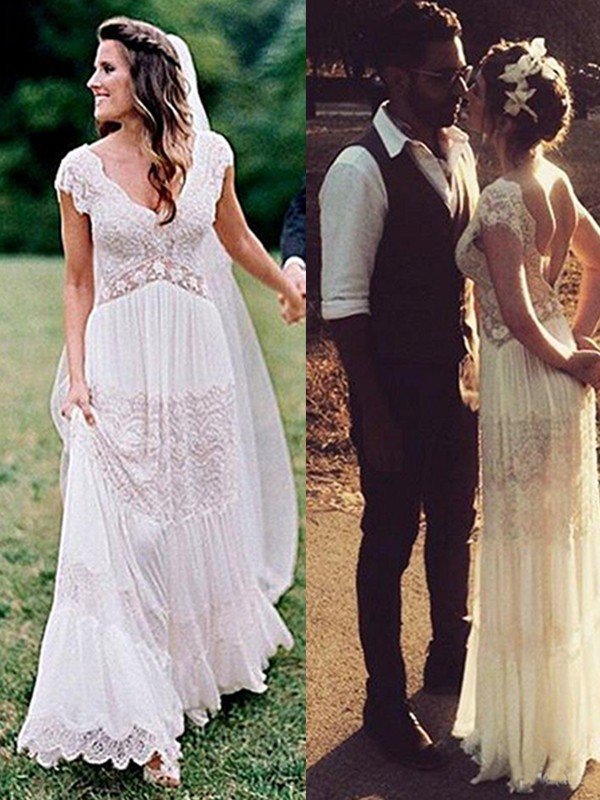 Floor-Length A-Line V-Neck Lace Short Sleeves Ruched Wedding Dresses UK
