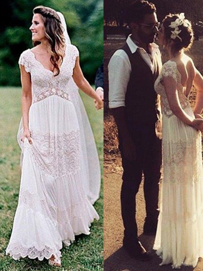 Floor-Length A-Line V-Neck Lace Short Sleeves Ruched Wedding Dresses UK