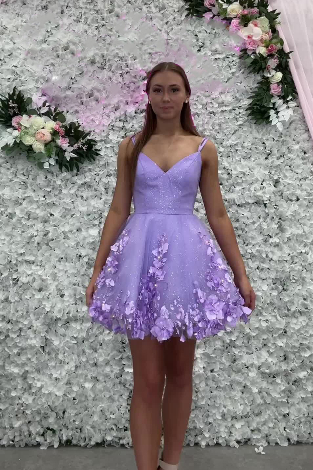 Lavender Floral Spaghetti Straps A-Line Short Homecoming Dress   27Dress.co.uk