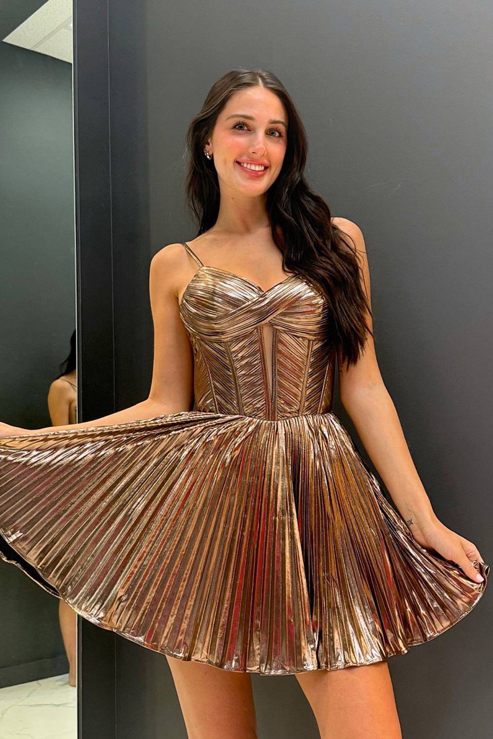 Metallic Corset A-Line Short Homecoming Dress with Brown Spaghetti Str   27Dress.co.uk