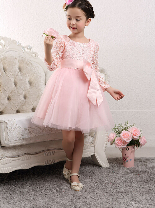 Lovely Tulle Lace Flower Girl Dress Bowknot Long Sleeve Zipper