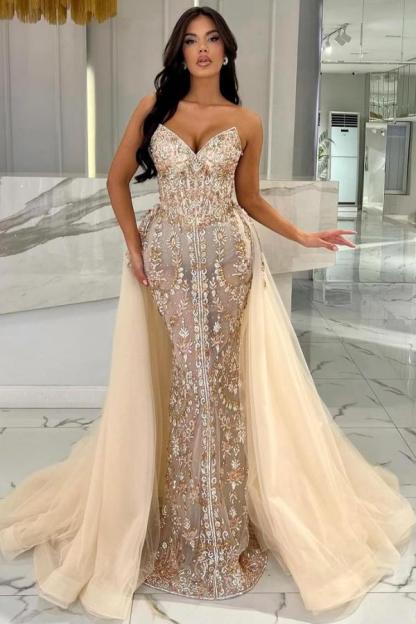 Stunning Sleeveless V-Neck Mermaid Prom Dress with Sweep Train Glitter Crystals Floor Length Dress