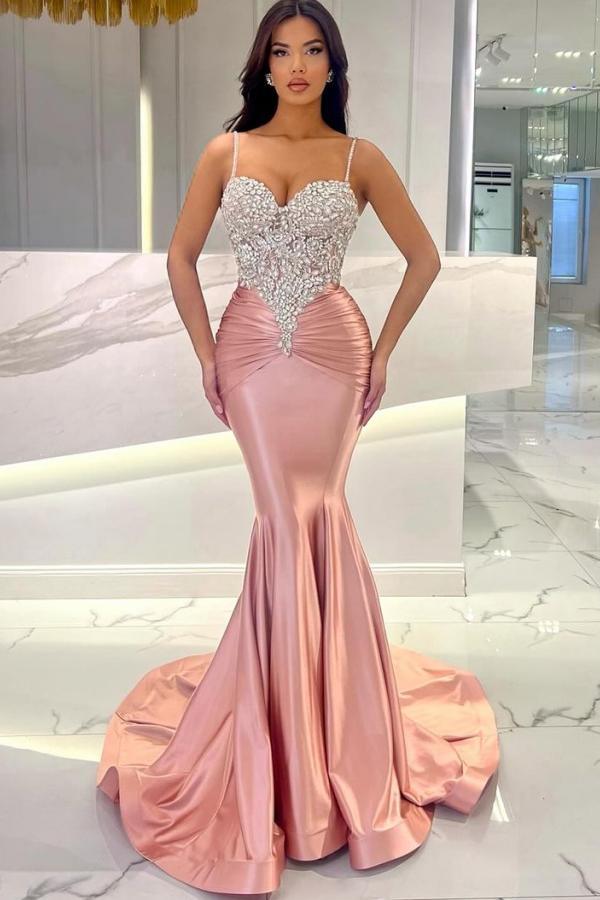 Charming Spaghetti Straps Crystals Mermaid Prom Dress Ruched Satin Bodycon Party Dress
