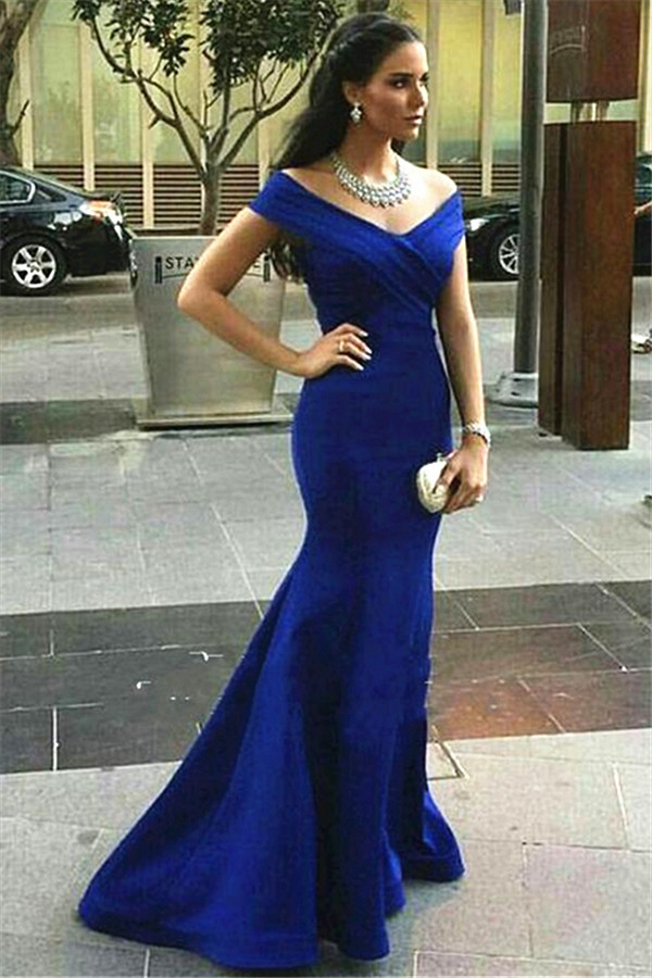 Sexy Royal Blue Mermaid Prom Dress UK Off-the-shoulder Sweep Train
