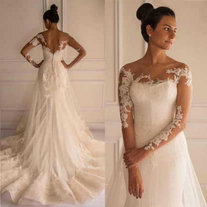 Chic Lace Appliques Sexy Mermaid Tulle Wedding Dress Court Train