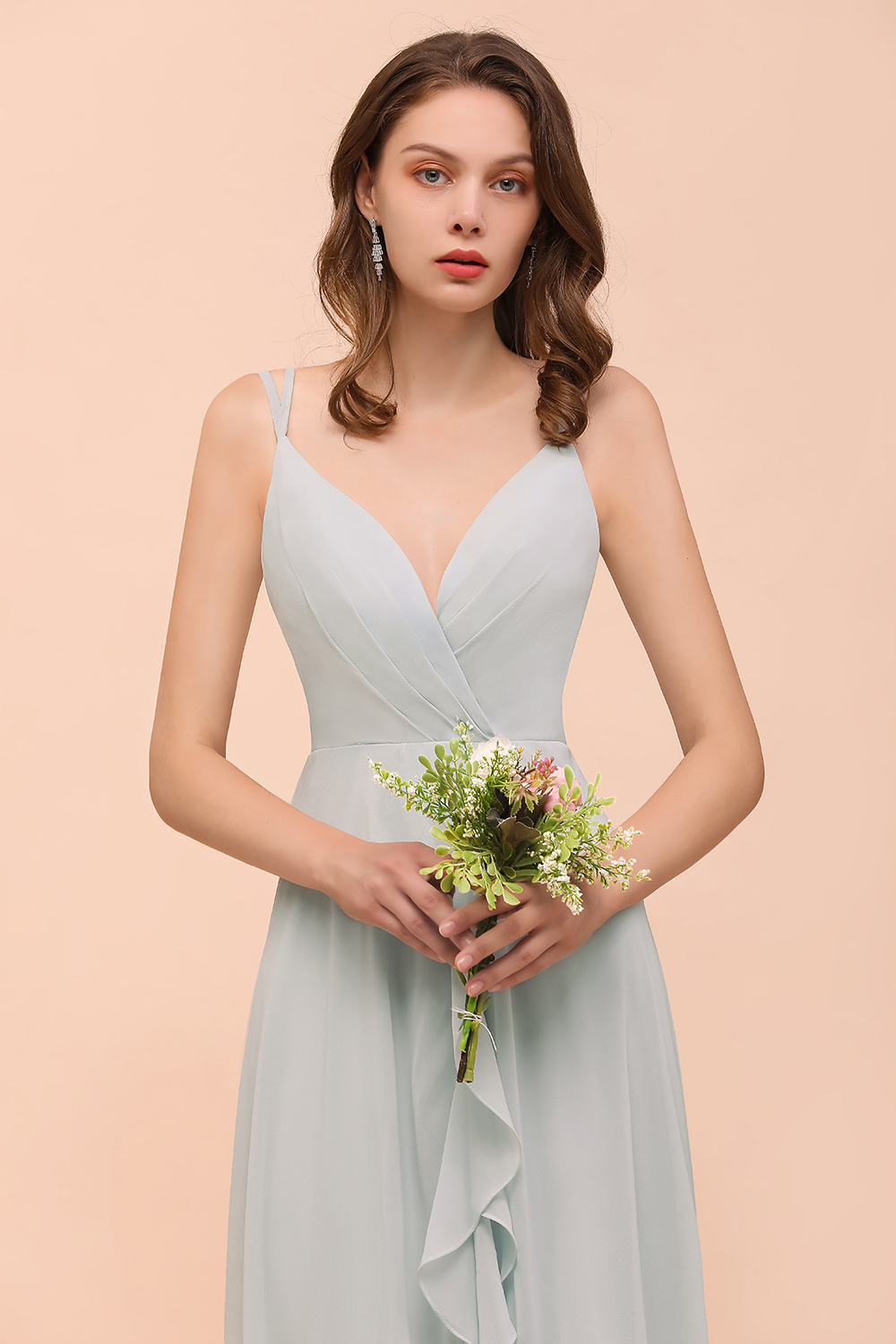 Elegant Mist Bridesmaid Dress Affordable V-Neck Straps Long Evening Dress