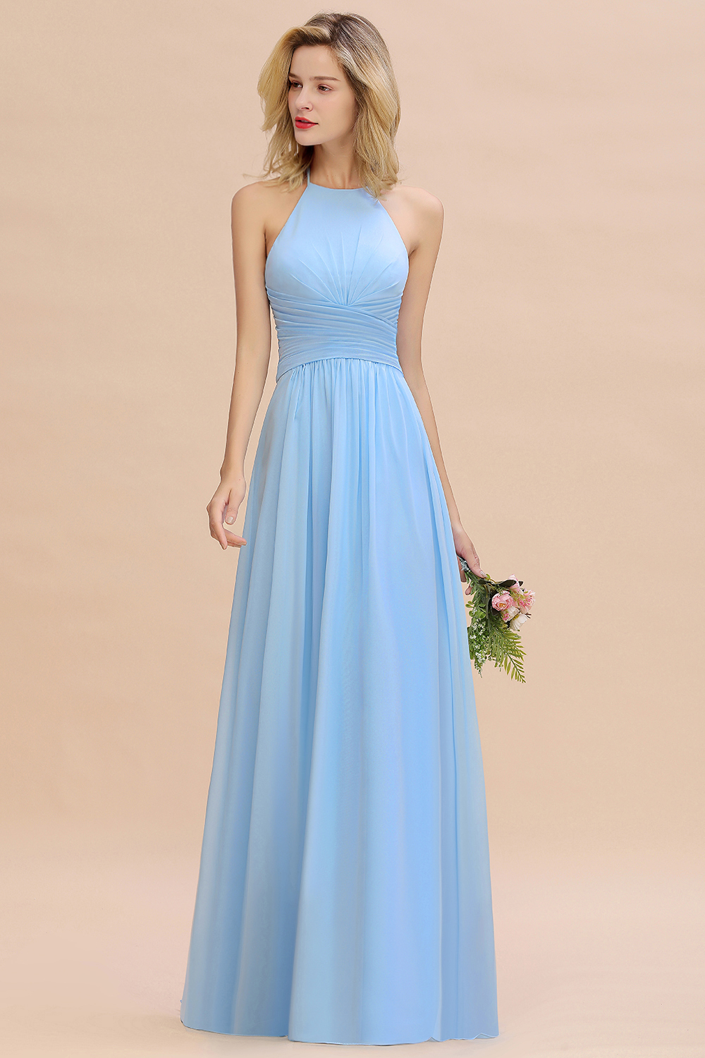 Halter Sky Blue Ruched Chiffon Long Bridesmaid Dresses