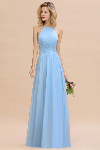 Halter Sky Blue Ruched Chiffon Long Bridesmaid Dresses