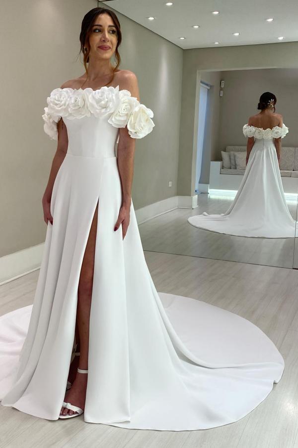 Off Shoulder Wedding Dresses Elegant Satin Bridal Gown Side Slit with 3D Flowers-27Dress.co.uk