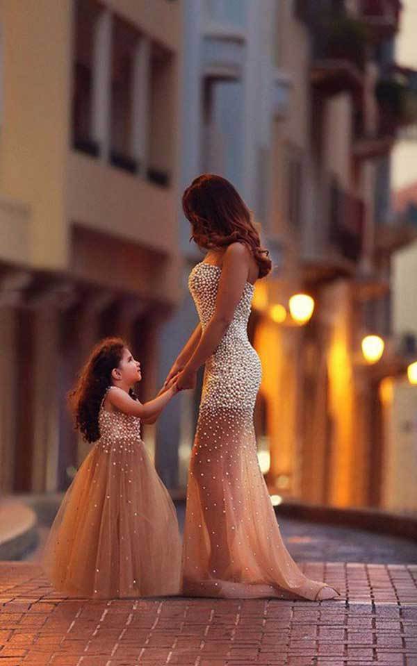 Beautiful Beadings Sheer Skirt Prom Dress Sweetheart Sleeveless Mother and Daughter Dress-27Dress.co.uk