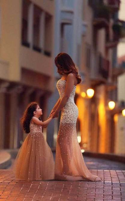 Beautiful Beadings Sheer Skirt Prom Dress Sweetheart Sleeveless Mother and Daughter Dress-27Dress.co.uk