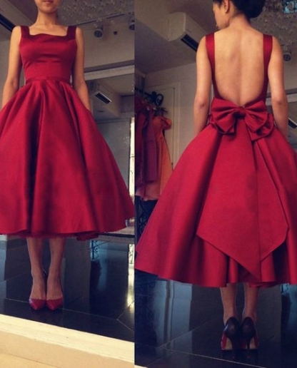 Red Square-Neck Backless Tea-Length Short Puffy Party Dress with Bowknot
