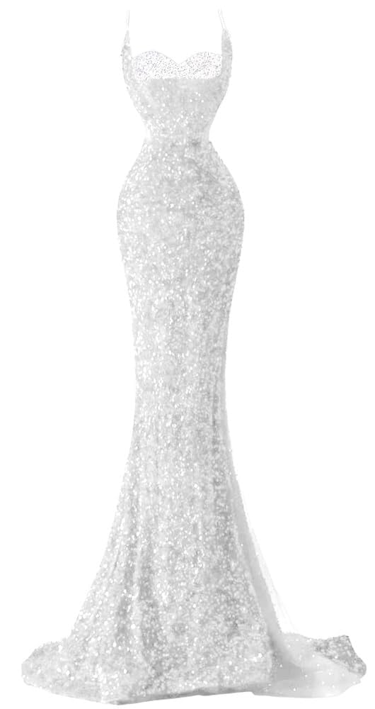 Spaghetti Straps Sequin Mermaid Long Prom Dresses  with Slit