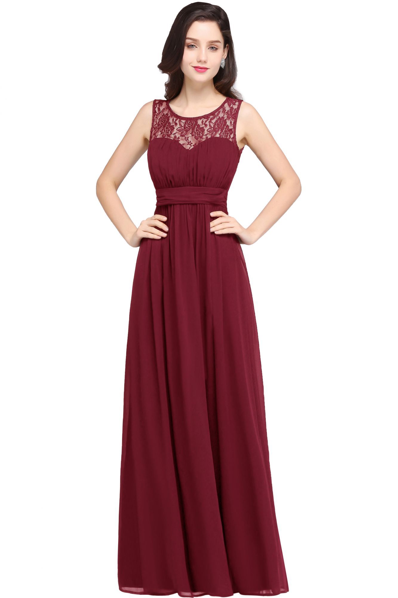 Elegant Ruched Chiffon Bridesmaid Dress Sleeveless Floral Lace Floor Length Dress for Casual Wear