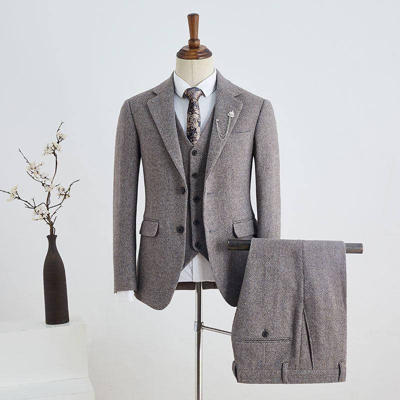 Burgess Popular Coffee Small Plaid 3 Pieces Notched Lapel Bespoke Business Suit
