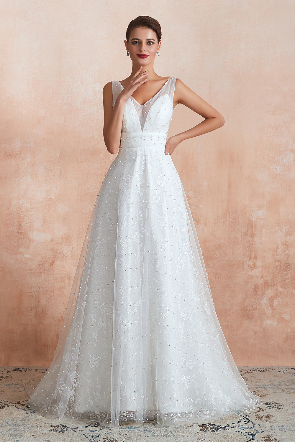 White V-neck Beach Wedding Dress Sleeveless Floor Length ALine Bridal Dress